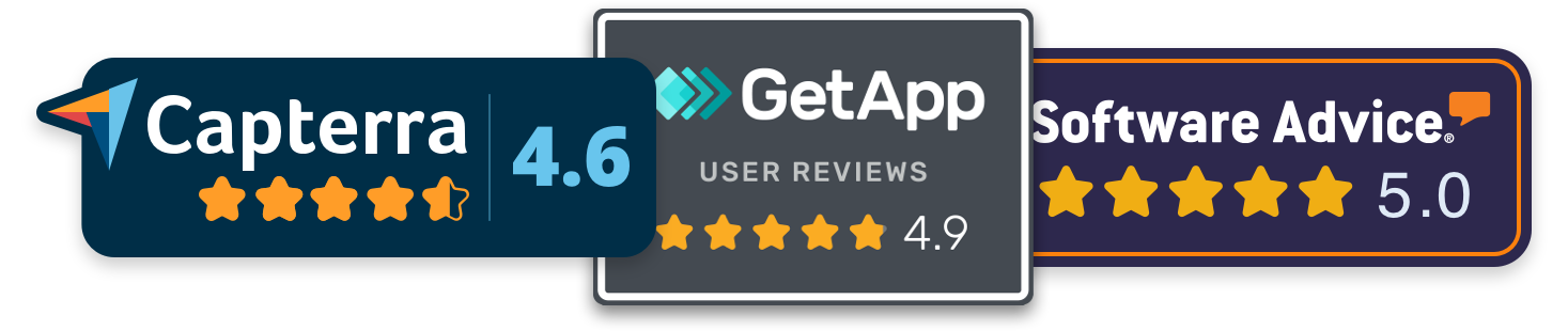 Review platform badges showing Capterra 4.6 stars, GetApp 4.9 stars, and Software Advice 5.0 stars